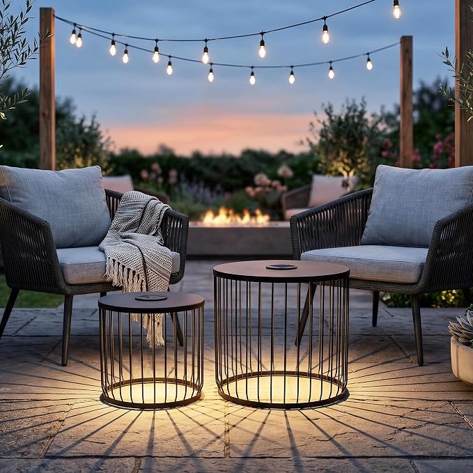 Solar Outdoor Side Table with Light Set of 2, Modern Round Patio Side Tables for Outside, Metal Outdoor End Accent Table for Living Room, Patio, Poolside, Backyard, Garden, Black