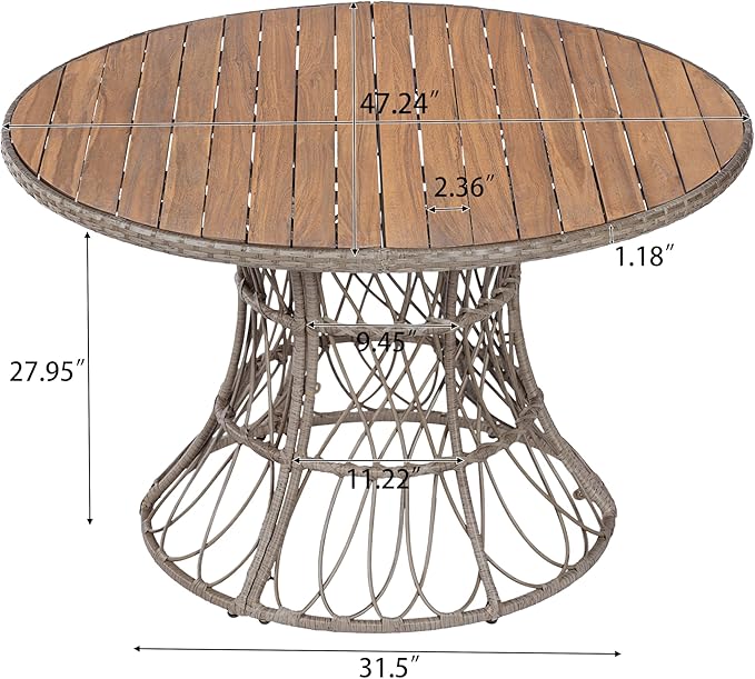 Merax 47.24" Round Outdoor Dining Table, Acacia Wood Top & Wicker Base, Patio Table for 4-6 People, Garden Outdoor Furniture, Brown Finish