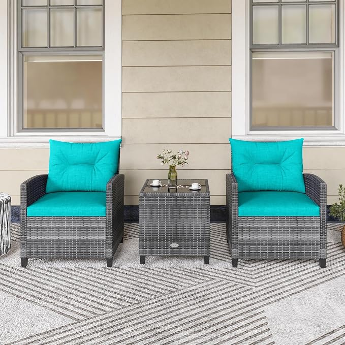 LDAILY Patio Furniture Set, 3 Pieces PE Rattan Wicker Patio Sofa Chairs with Washable Cushion & Glass Table, Outdoor Furniture Conversation Sets for Porch, Balcony, Garden, Poolside (Turquoise)