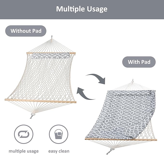 SUNCREAT Outdoor Double Hammock with Stand, Two Person Cotton Rope Hammock with Polyester Pad, Circle Pattern