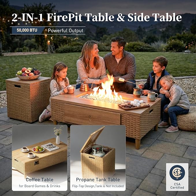 SUNSHINE VALLEY Patio Furniture Set, Wicker Outdoor Furniture Set with 5.5" Thick Cushions, 2 Chairs, 2 Ottomans and Fire Pit Table, 6 Pieces Patio Conversation Set for Backyard Deck, Beige