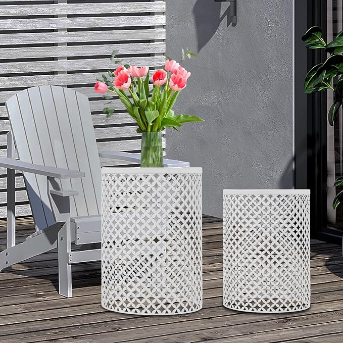 Metal Frame Accent Table,Cylindrical Outdoor Side Table,Decorative Garden Stool,Set of 2 Nesting Side Table,Modern Decorative Garden Stool for Patio Balconies Cafes Parks (2, White)