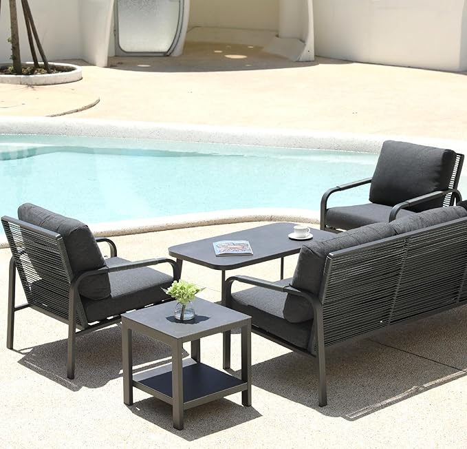 Aluminum Outdoor Patio Furniture Set with Coffee Table, 5 Piece Patio Conversation Sets with Washable Thick Cushions, Patio Sectional Furniture Set for Porch, Balcony, Grey