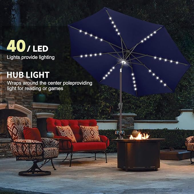 11FT Solar Umbrella Outdoor - Lighted Solar Patio Umbrella with 40 LED Lights Waterproof UV Protection, Table Umbrella with Tilt for Pool, Porch, Garden, Deck, Backyard - Navy Blue
