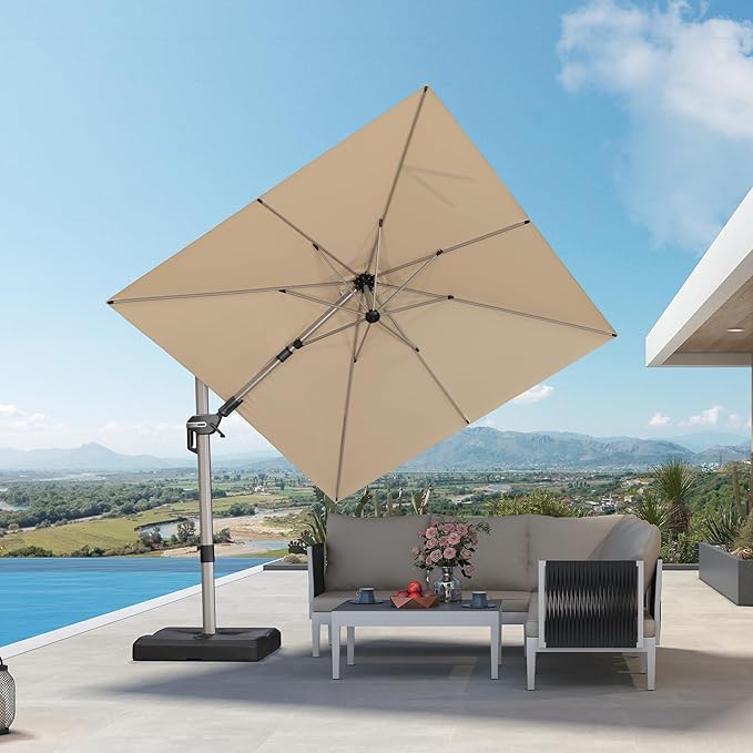 PURPLE LEAF 8' X 8' Left-right Tilting Patio Umbrella Outdoor Swivel Cantilever Umbrella Aluminum Offset Umbrella with Champagne Frame and 360-degree Rotation for Garden Deck Pool, Beige
