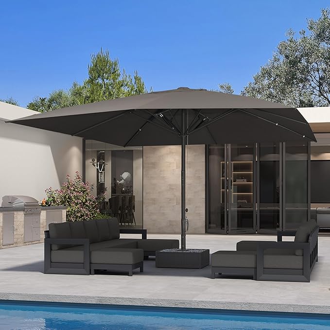 PURPLE LEAF 16' x 16' Square Semi-Auto Outdoor Patio Umbrella Aluminium Market Umbrella Table Sun Umbrella with 3.15" Rod and 8 Sturdy Ribs for Deck Lawn Pool Garden, Gray