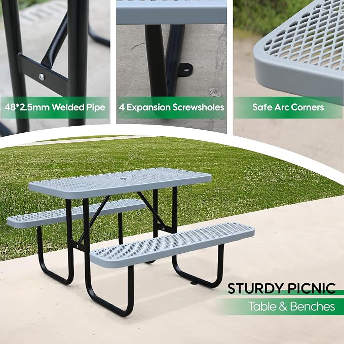 6FT Rectangular Metal Picnic Table for Outdoors, Commercial Steel Metal Picnic Tables, Heavy Duty Sturdy Picnic Tables Furniture Set for Patio Garden Courtyard BBQ, with Umbrella Hole, Grey