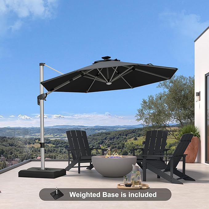 PURPLE LEAF Cantilever Umbrella with base 10ft Outdoor Round Patio Solar Powered LED Umbrella with 360-degree Rotation for Garden Deck Pool Patio, Grey