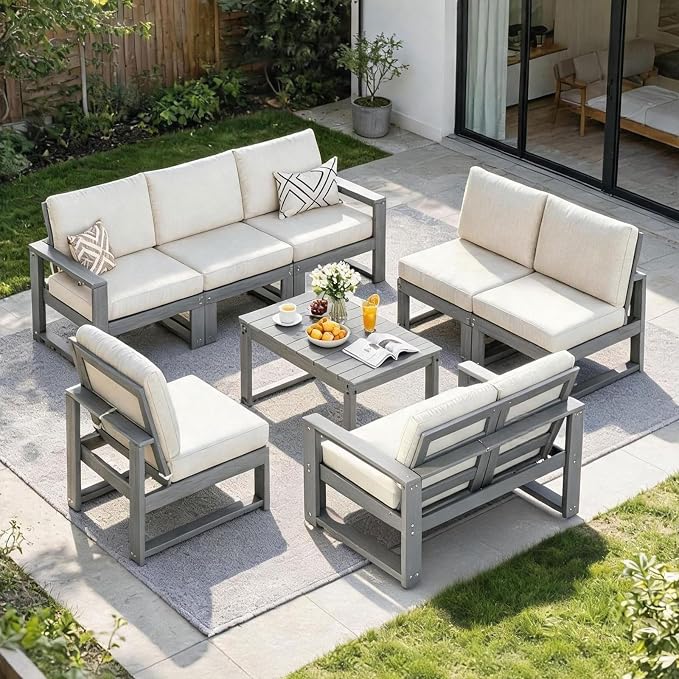 2-Piece Patio Furniture Set,Outdoor HDPE Sectional Sofa with Cushions,Outdoor Sectional Furniture Set for Porch,Backyard,Deck,Grey