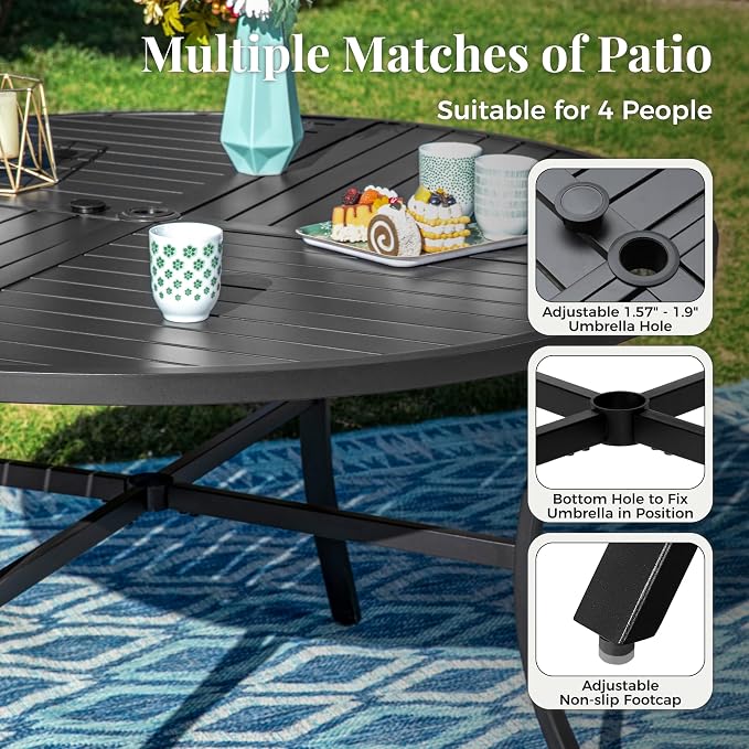 MIXPATIO 5 Pieces Patio Dining Set, Outdoor Table and Chairs, 1 x 42 Round Black Table and 4 x Textilene 360-Degree Swivel Dining Chairs with 15° Rocking Motion, for Cozy Garden, Grayish Brown