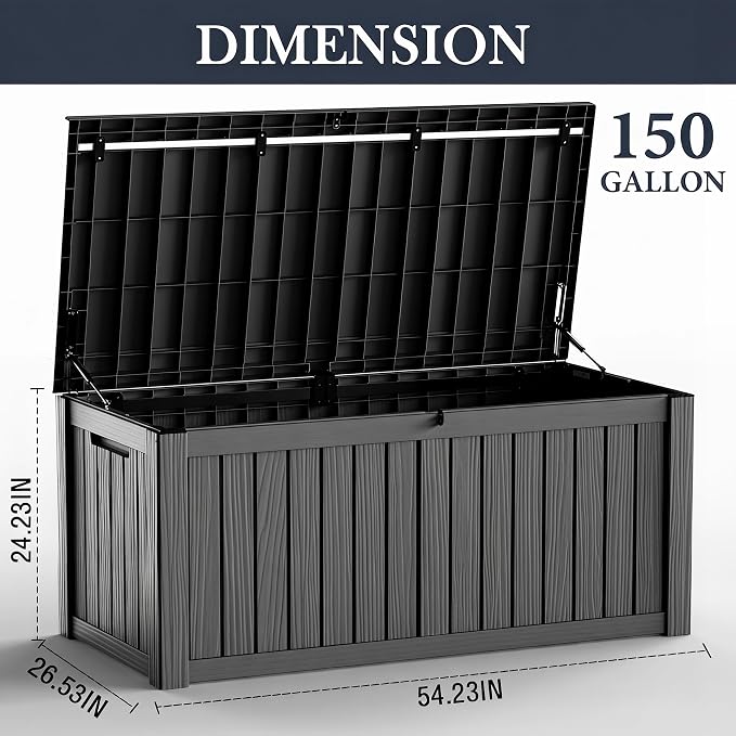 150 Gallon Outdoor Deck Storage Box, All Weather Vertical Wood Grain Lockable Storage Container for Patio, Poolside & Backyard Extra Large Outdoor Storage (Black,150GAL)