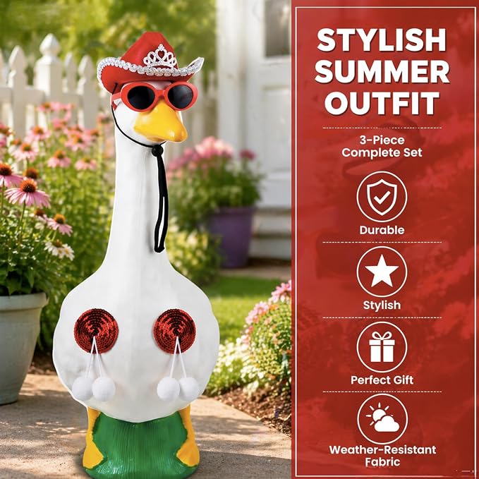 Funny Porch Goose Summer Bikini, Sunglasses & Tassel Skirt - Fits 17'' and 24'' Lawn Geese - Yard Decoration (Round Fringe)