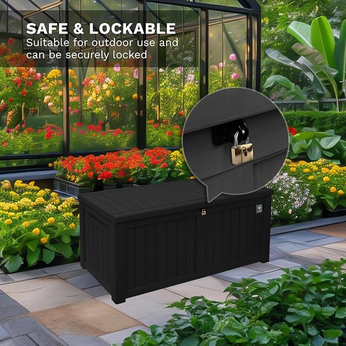 120 Gallon Outdoor Storage Box, Durable Deck Boxes Outdoor, Large Resin Waterproof Deck Box for Patio Furniture Outdoor Cushions Garden Tools and Pool Storage (Black, 120 Gallon)