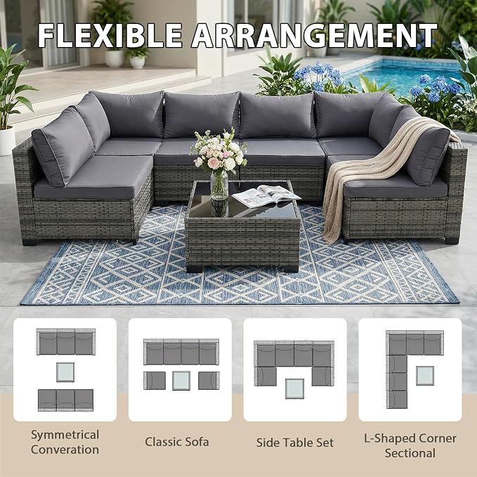 7-Piece Patio Furniture Set, Outdoor Wicker Conversation Sofa Set with Coffee Table & Extra Thick 8.5" Cushions, All-Weather Sectional for Backyard, Porch, Poolside (Gray, 7PCS)