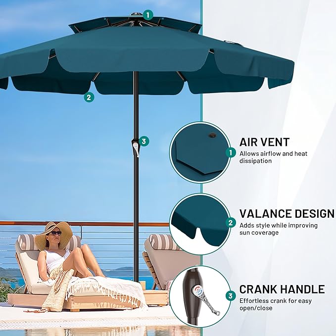 AreShark 12ft 2-Tier Patio Umbrella with Valance - Outdoor Umbrella Waterproof UV Protection, Market Table Umbrella w/ 8 Sturdy Ribs&Crank for Pool, Backyard, Garden(Lake Blue)