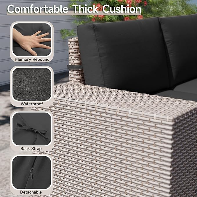6-Piece Outdoor Patio Furniture Set, Modular Sectional Sofa Set with Glass Coffee Table and Cushions, Wicker Outdoor Couch Conversation Sets, Black