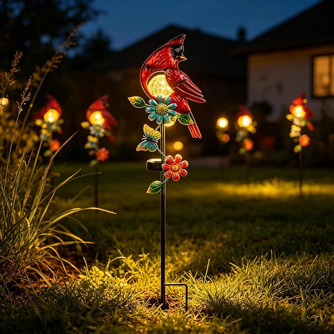 Cardinal Decor Solar Garden Stakes Outdoor Decorative Waterproof Metal Garden Sculpture Cardinal Solar Lights for Outside Lawn Yard Patio Cemetery Decoration Red Bird Gardening Gifts for Women