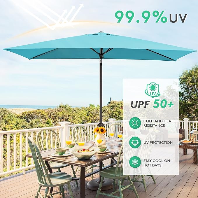 JEAREY 6.5x10ft Olefin Rectangular Patio Umbrella, Rectangle Outdoor Umbrellas with Auto Tilt Crank System, Market Table Umbrella UV Protection Fade-Resistant for Pool Deck Garden Yard, Lake Blue