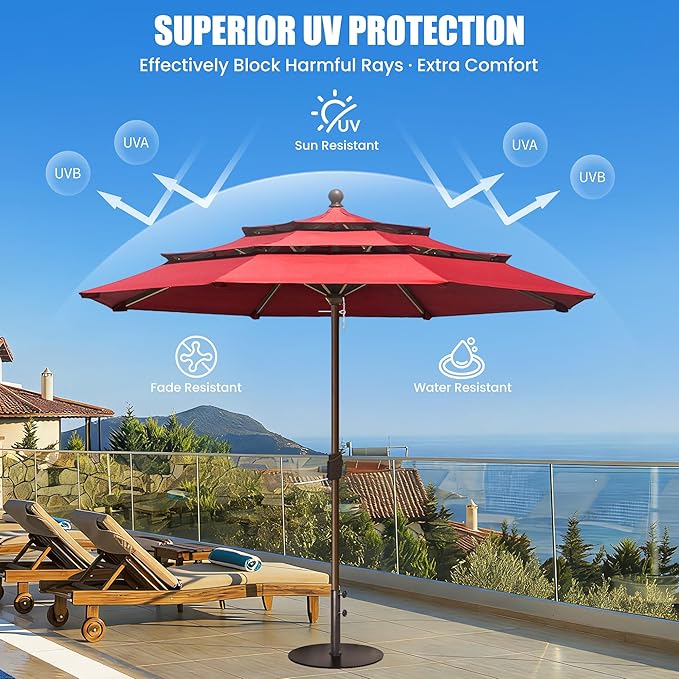 EliteShade USA 10-Year-Non-Fading 11ft 3-Tier Market Patio Umbrella, Commercial Grade Outdoor Table Umbrella with Crank Open, Windproof & UPF 50+ UV Protection, Heavy Duty Ventilation for Garden, Deck, Pool, Backyard, Beach & Bistro, No Tilt, Logo Red