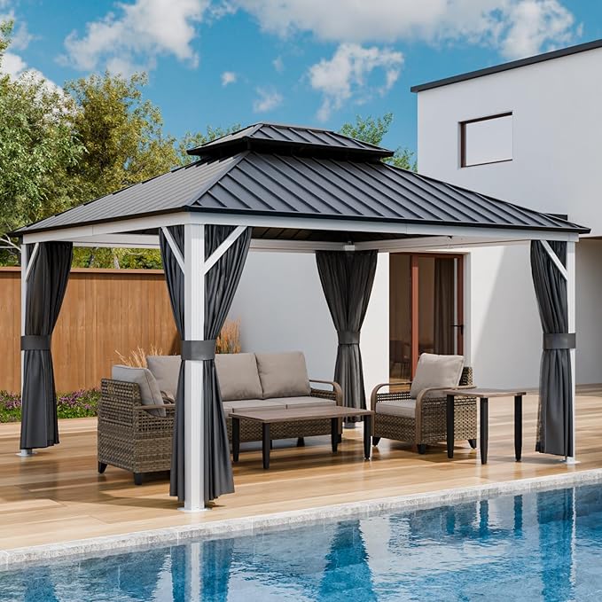 EAGLE PEAK 12x14 Hardtop Gazebo, Galvanized Steel Double Roof with Aluminum Frame, Outdoor Pavilion with Netting and Curtains for Patio, Deck, Lawn and Garden, White/Gray