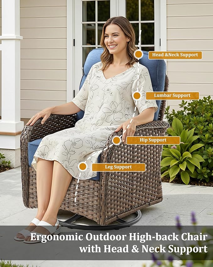 10-Piece Luxury Patio Furniture Set with 42.5" Fire Pit Table, Outdoor Wicker Sofa Couch & Swivel Rocker Chairs with 6-inch Thick Cushion, Conversation Set for Poolside, Deck & Yard - Blue