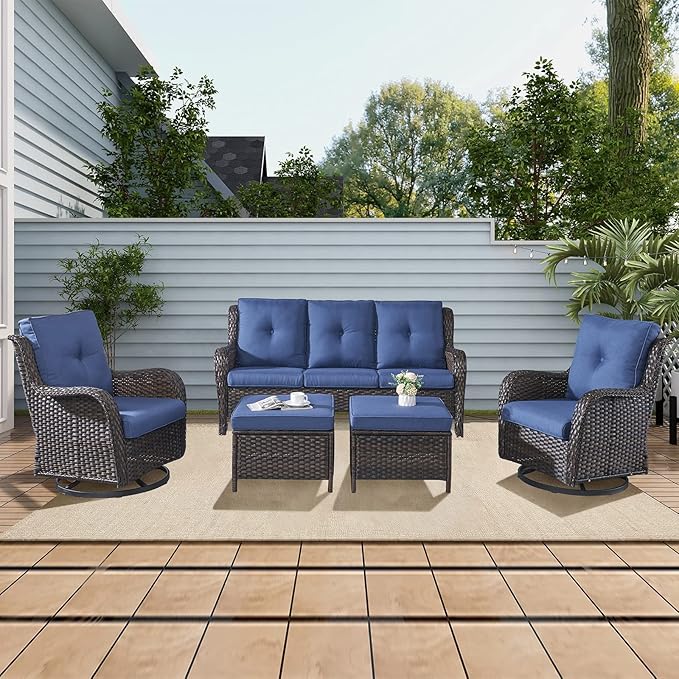 Rilyson 3 Piece Wicker Patio Furniture Set - Outdoor Rattan Patio Comversation Set with 1 Sofa and 2 Ottomans for Outside Porch Deck Garden(Brown/Blue)