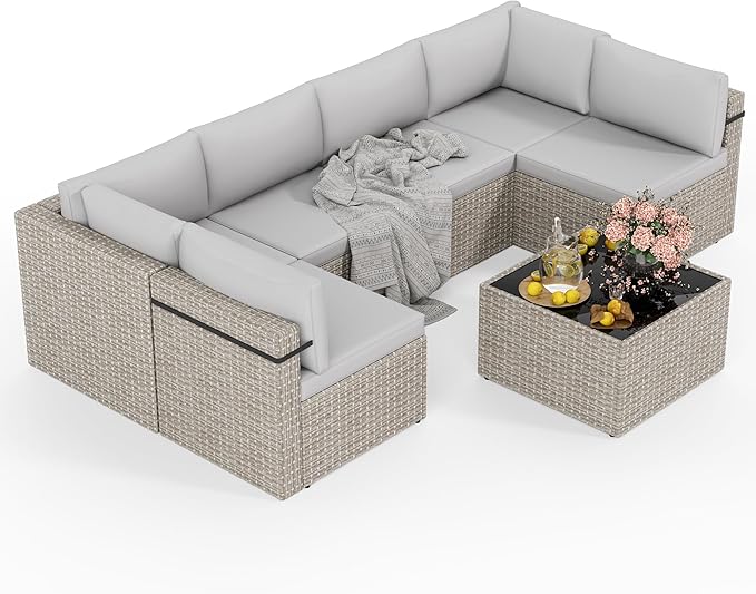 7-Piece Outdoor Sectional Sofa Set, Weather-Resistant Patio Furniture Set with Washable Cushions and Coffee Table, Grey Rattan Patio Conversation Set for Poolside, Backyard, Deck (Grey)