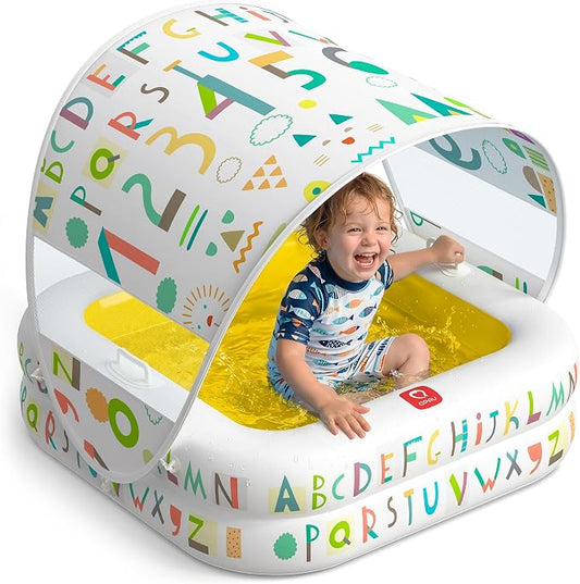 QPAU Baby Pool with Detachable Canopy for Sun Protection, 35" x 10" Portable Inflatable Kids Pool with Padded Bottom, Kiddie Pool & Ball Pit with Handles for Backyard and Indoor, Ages 1-3 (Yellow)