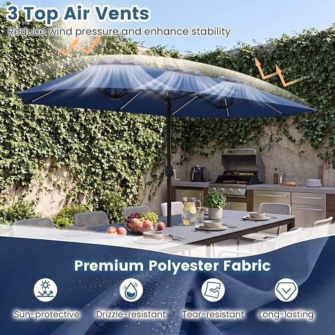 Tangkula 13 Ft Solar Patio Umbrella, Double-Sided Extra Large Outdoor Market Table Umbrella with Multi-Colored Flowing LED Lights, Crank Handle, 12 Sturdy Ribs for Poolside, Garden & Backyard (Navy)