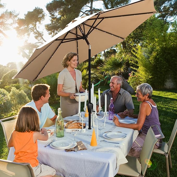 9' Round Patio Umbrella with 32 Solar Powered LED Lights, Push-Button Tilt and Hand Crank Lift, Solar Umbrella in Taupe for Porch, Deck, and Patio by Sun-Ray