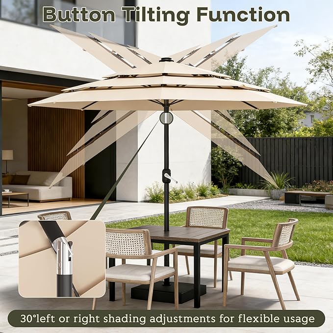 GDPFN 10FT Patio Table Umbrella Outdoor, 3 Tier Tilting Vented Windproof Market Umbrella for Outside, Outdoor Sun Shade for Inside of Pool, Deck, Backyard, Garden, Beige (No Base)