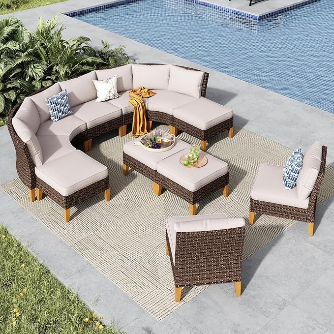 MFSTUDIO 11 Pieces Wicker Patio Furniture Set, All-Weather Rattan Outdoor Half-Moon Curved Sectional Sofa Set for Garden, Backyard, 4 x Curved Sofa, 3 x Armless Couch, 4 x Ottomans