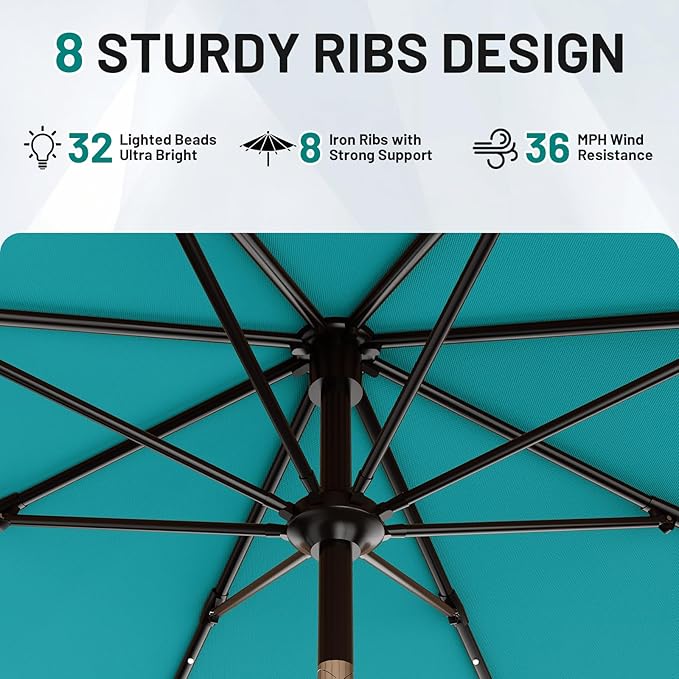 AreShark 9FT Patio Umbrella with Solar Lights, 32 Lighted Pool Umbrella w/Tilt and Crank, Outdoor Market Solar Umbrellas for Garden, Deck, Backyard, Pool and Beach, Lake Blue