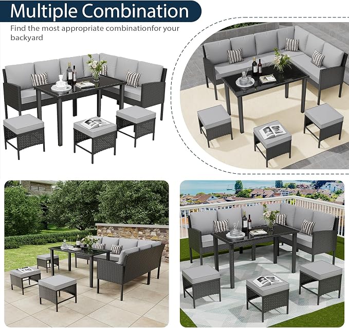 7-Piece Outdoor Patio Furniture Set, Wicker Sectional Sofa with Seat & Back Cushions & 3 Pillows, All-Weather Conversation Set with Long Glass Coffee Table for Garden, Porch, Lawn, Gray