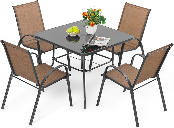 NUU GARDEN 5 PCS Patio Dining Set, Metal Outdoor Table and Chairs, with 4 Stackable Chairs and 31.5’’ Square Table with Umbrella Hole, Outdoor Dining Set for Lawn, Balcony, Garden, Black and Brown