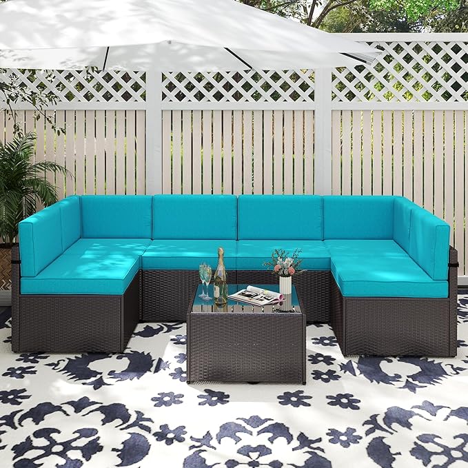 7 PCs Patio Furniture Sets, PE Rattan Wicker Outdoor Sofa, (Sectional Conversation Set with Tea Table and Cushion)
