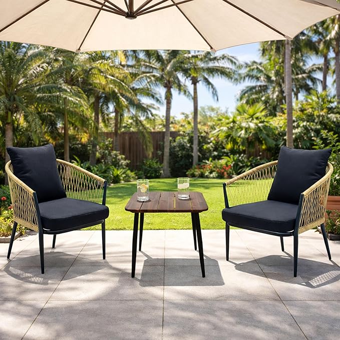 Alpine Corporation VTFAM166A 3-Piece Outdoor Patio Bistro Set – Wooden Accent Table & 2 Wicker Armchairs with Seat & Back Cushions – Modern Indoor/Outdoor Conversation Set, Natural & Black