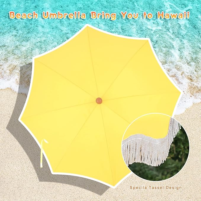 MFSTUDIO 7ft Beach Umbrella with Fringe, Tassel Umbrellas UPF50+ with Tilt Button & Crank, Holiday Outdoor Umbrella with Carry Bag, Ideal for Garden Lawn Poolside, Gold Yellow