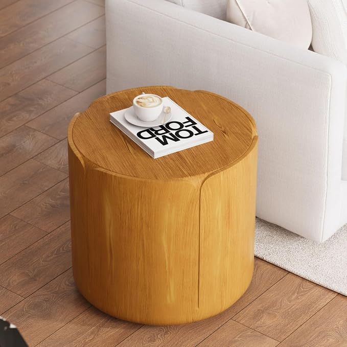 19.29" H Round Outdoor Indoor Side Table, Modern Wood Grain Patio Garden Stool, Sturdy MGO Waterproof, No-Assembly Table for Patio, Garden, Backyard, Living Room