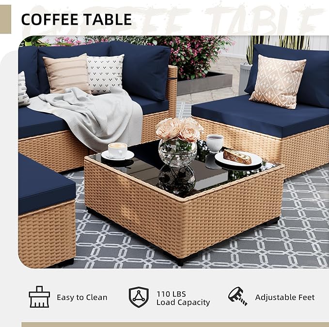 UPHA 5 Pieces Patio Furniture Sets, Wicker Outdoor Sectional Sofa Couch with Coffee Table, Patio Conversation Set for Deck Backyard Garden, Beige Rattan, Navy Blue Cushion