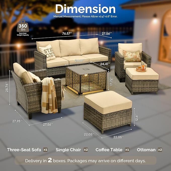 6 Piece Wicker Patio Furniture Set with Solar Table, Beige | Outdoor Deep Seating Sofa Chair Ottoman, Solar Lights Table, All Weather Rattan, Modern Conversation Set, Porch Deck Backyard
