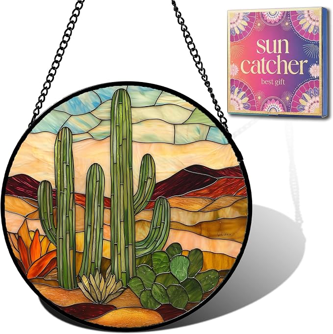 Birthday Gifts for Women - Desert Cactus Faux Stained Glass Window Hanging Sun Catcher for Door Garden Acrylic Home Decor Mother's Day Christmas for Mom Nana Friend Grandma Wife 7.8"