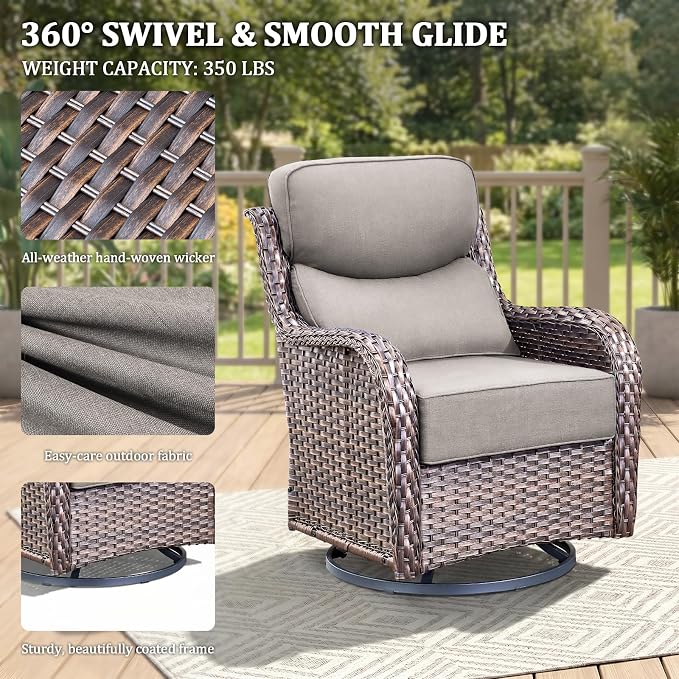 Luxury Swivel Rocker Chairs Fire Pit Table Set with 6" Thick Cushion 5 piece Wicker Outdoor Patio Chair with Sofa,Comfortable High Back Outdoor Patio Furniture Set - Brown | Gery