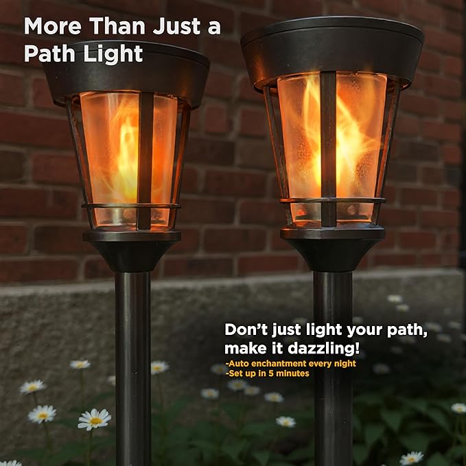 FoxFlame Classic Solar Path Torch - Elegant Flickering Flame Effect with Patented LED,IP65 Waterproof,Solar-Powered Lighting for Garden,Yard, and Landscape Ambiance Easy Stake Installation (6 Pack)