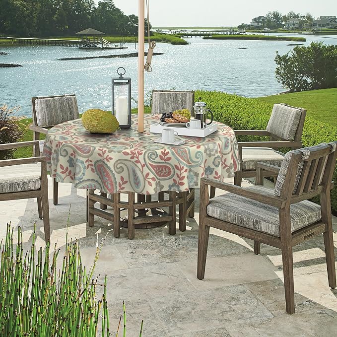DYTXIII Outdoor Round Tablecloth with Umbrella Hole 60 Inch, Water Repellent & Fade Resistant Table Cover, All Weather Outdoor Tablecloth for Garden & Party Table, Paisley Vintage