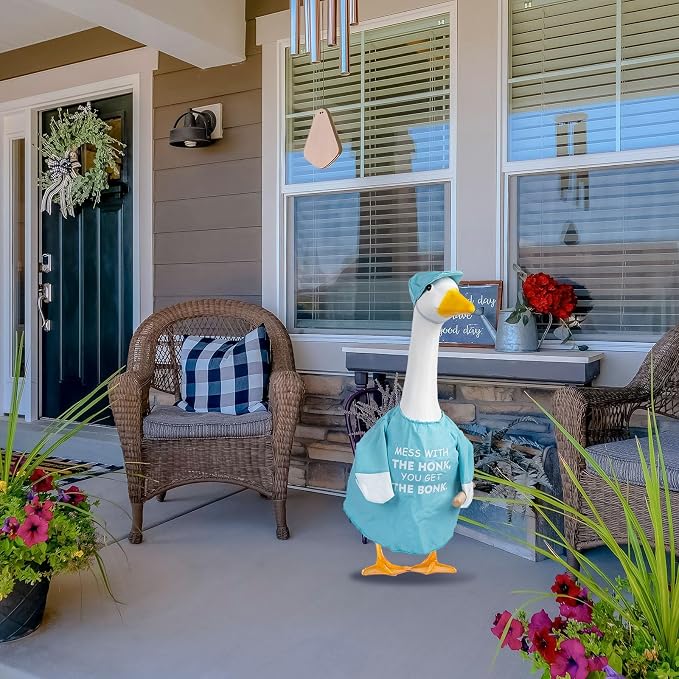 CAMDUCK Funny Porch Goose Outfit for 23 Inch Goose Statue, Mess with The Honk You Get The Bonk Goose Clothes, Decorative Lawn Geese Costume Clothing for Outdoor Decor (Light Blue)