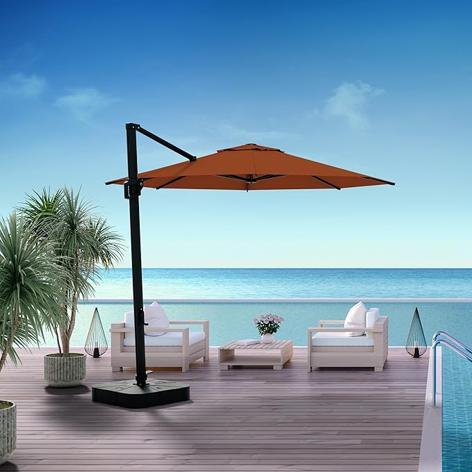 Midtown Umbrellas 10 Ft Outdoor Cantilever Patio Umbrella w/Terylast Dark Orange Fabric - Rotate Tilt 360° Offset Patio Umbrella, Deck Patio Umbrella, Backyard Umbrella & Garden Umbrella - Black Frame