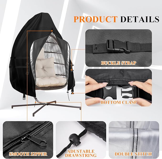 Egg Chair Cover Waterproof, 60x45 Inch Windproof Single Seat Wicker Swing Hanging Egg Chair Cover,420D Heavy Duty &Weather Resistant, Anti-UV, Dustproof, Black