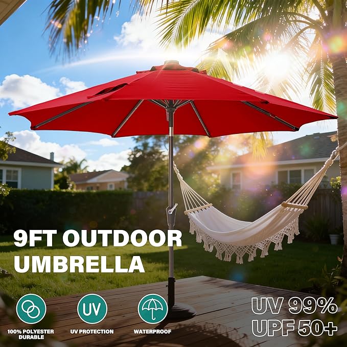 9FT Solar-Powered LED Patio Umbrella with Tilt Crank,Outdoor Market Umbrella with 32 Lights,Sunshade for Deck, Garden and Pool