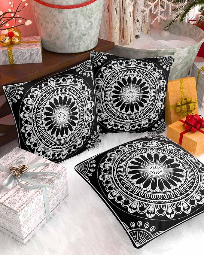 Outdoor Pillow Covers 18x18in Pack of 2 Waterproof Pillowcase Boho Ethnic Mandalas Floral Decorative Throw Cushion Case for Patio Couch Sofa Black White